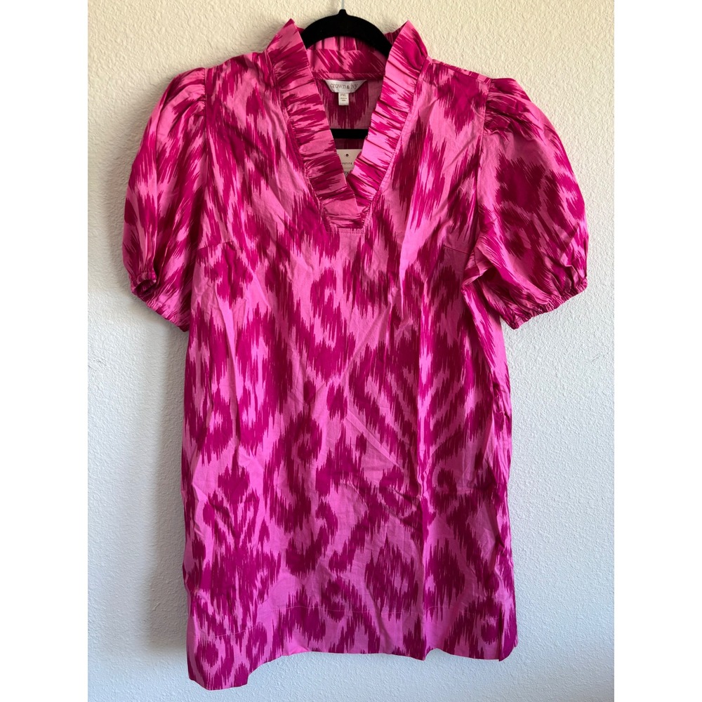 NWT Crown & Ivy Dress PXL Pink Ikat Ruffle Neck Puff Sleeve Pocket Shift Dress